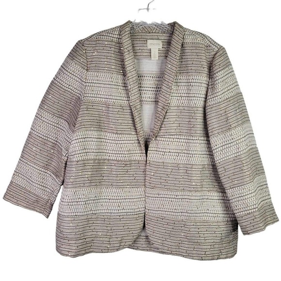 Chicos Blazer Women’s Neutral Sequin Jacket Size 2 Large Textured Striped - Picture 2 of 7